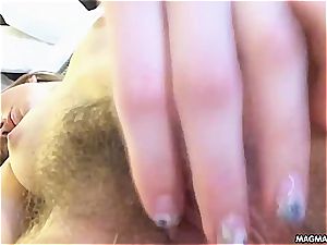 amateur teenager enjoys the feel of her fingers inside her fur covered fuckbox